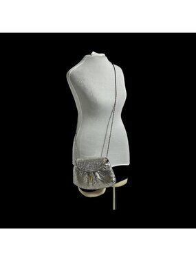 Vintage Silver Mesh Evening Bag With Gold Tassel Accent & Chain Strap